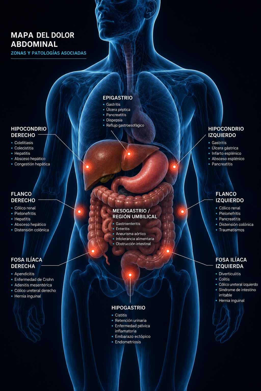 Mapa del dolor abdominal — Zonas y patologías